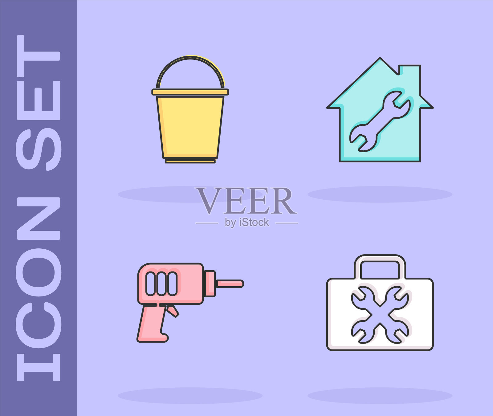 设置工具箱，水桶，电钻和房屋维修图标。向量图标素材