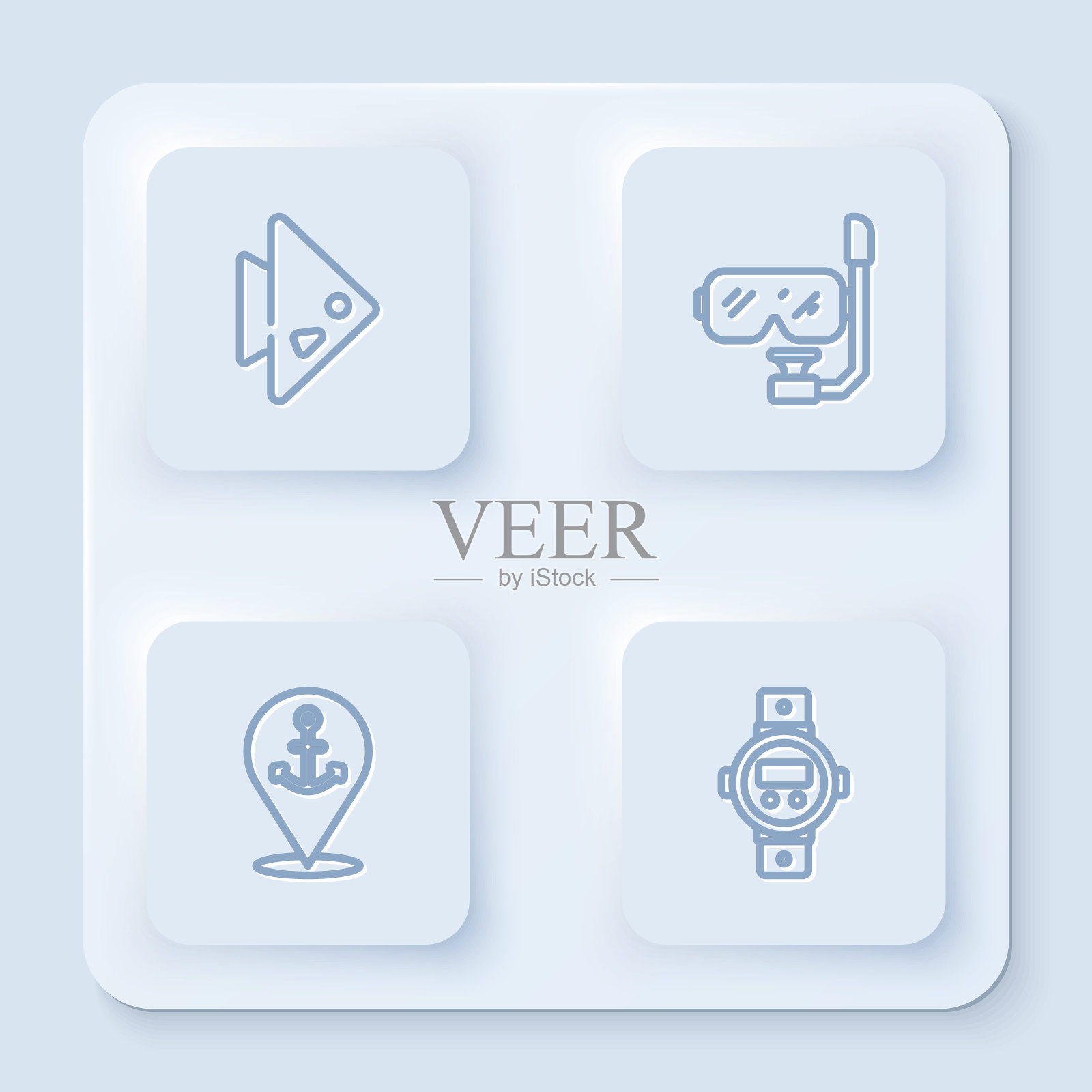 放好鱼线，潜水面罩和通气管，用锚和手表定位。白色正方形按钮。向量图标素材