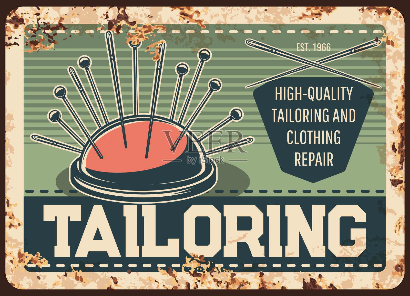 裁缝店的金属板生锈，缝衣服插画图片素材