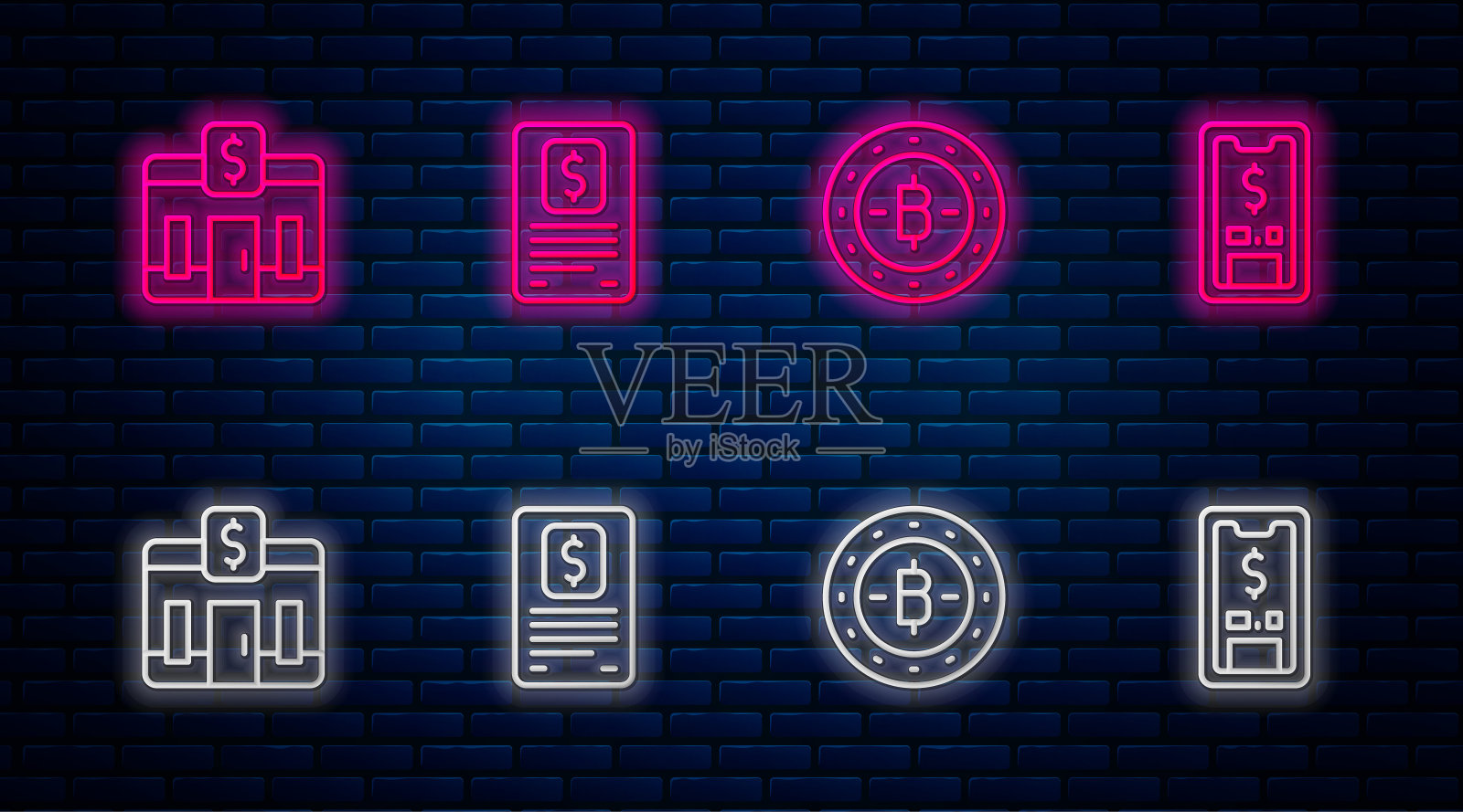 用美元设置业务财务报表、比特币、银行大楼、移动。砖墙上发光的霓虹灯图标。向量插画图片素材