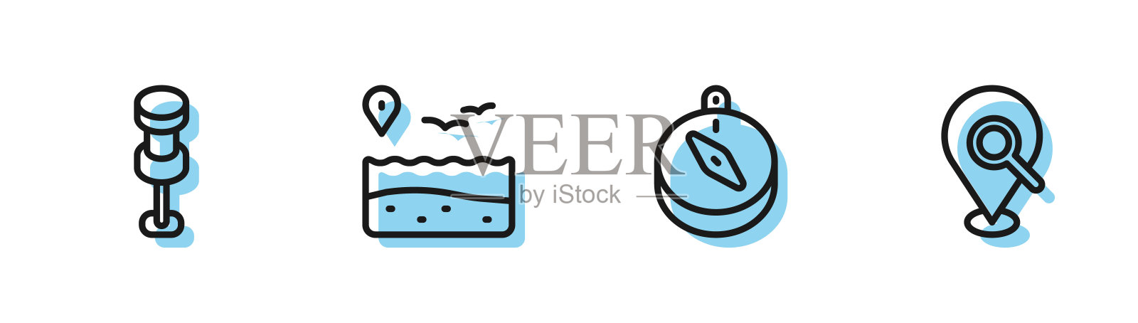 设置线指南针，推针，位置与海滩和搜索位置图标。向量插画图片素材