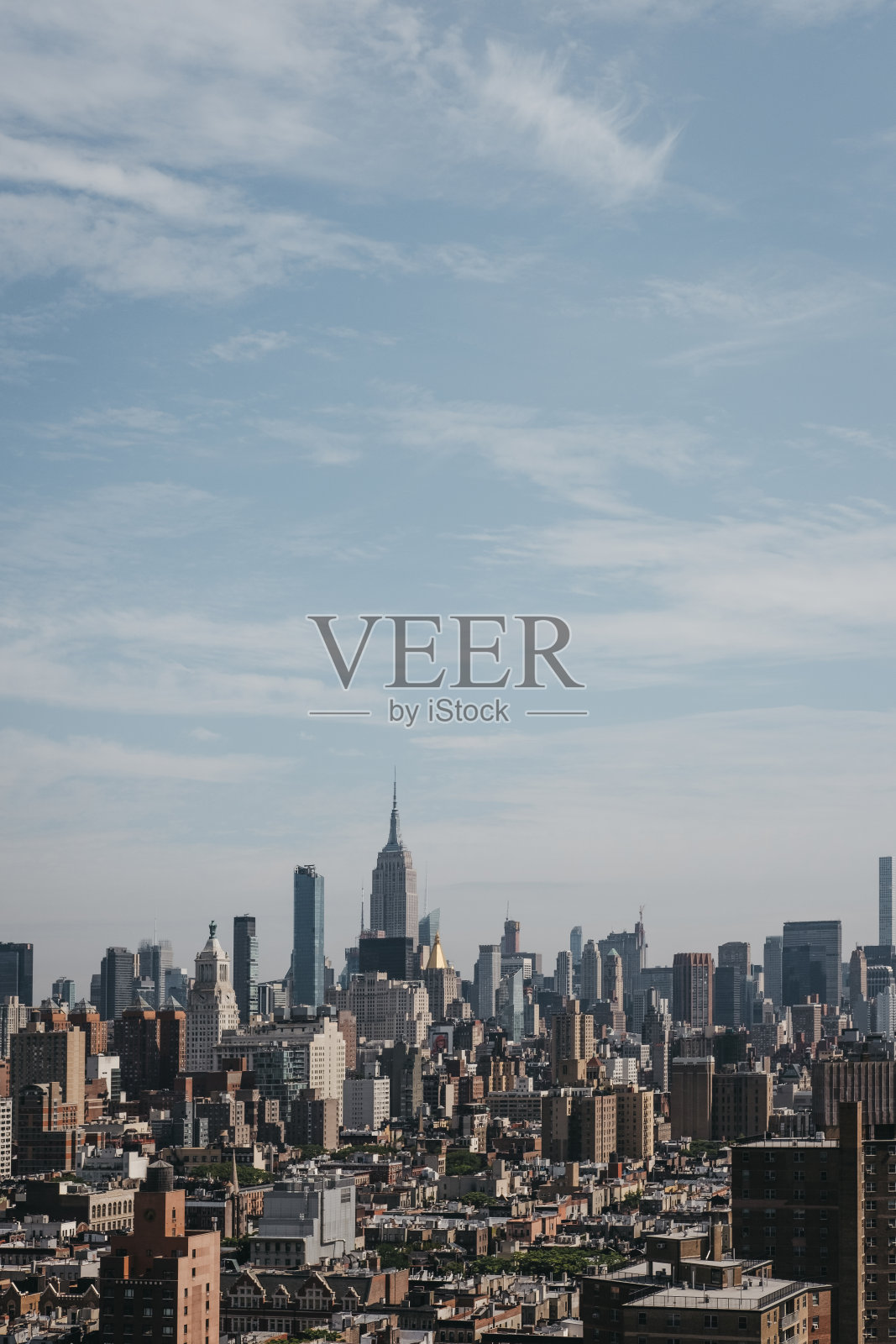 鸟瞰纽约天际线和景点在一个晴朗的日子，美国。照片摄影图片