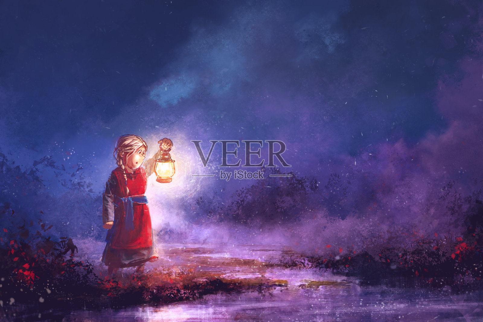 小女孩晚上提着灯笼在湿地上画画插画图片素材