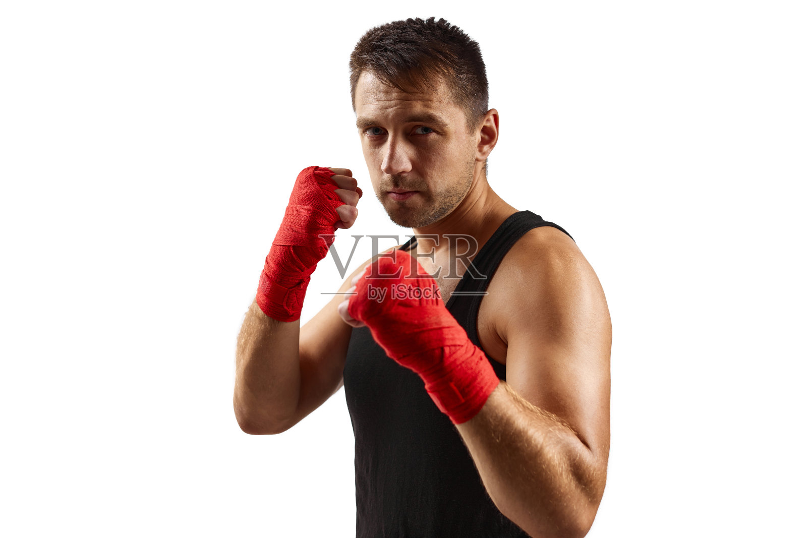 运动员在他的手在红色运动绷带战斗照片摄影图片