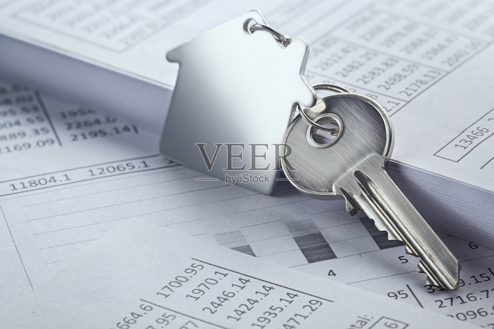 房产，带房子标志的钥匙链。键与财务空白。照片摄影图片