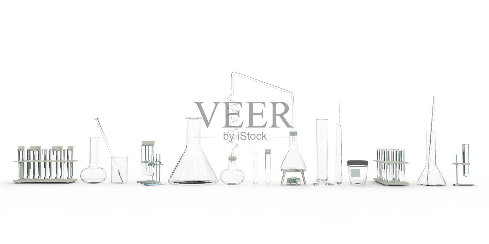 物体的三维插图。白色背景上的各种微生物玻璃器皿的实验室试管线。大学概念背景照片摄影图片