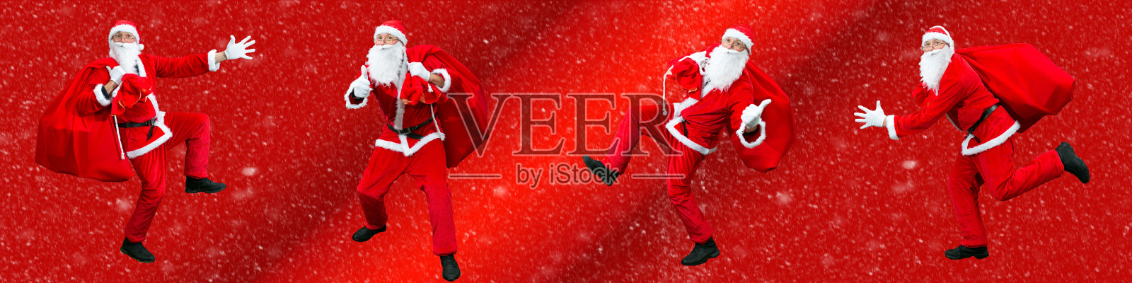 圣诞老人急着送圣诞礼物。用雪拼贴在红色梯度上。圣诞老人拿着一个装满礼物的大袋子。照片摄影图片
