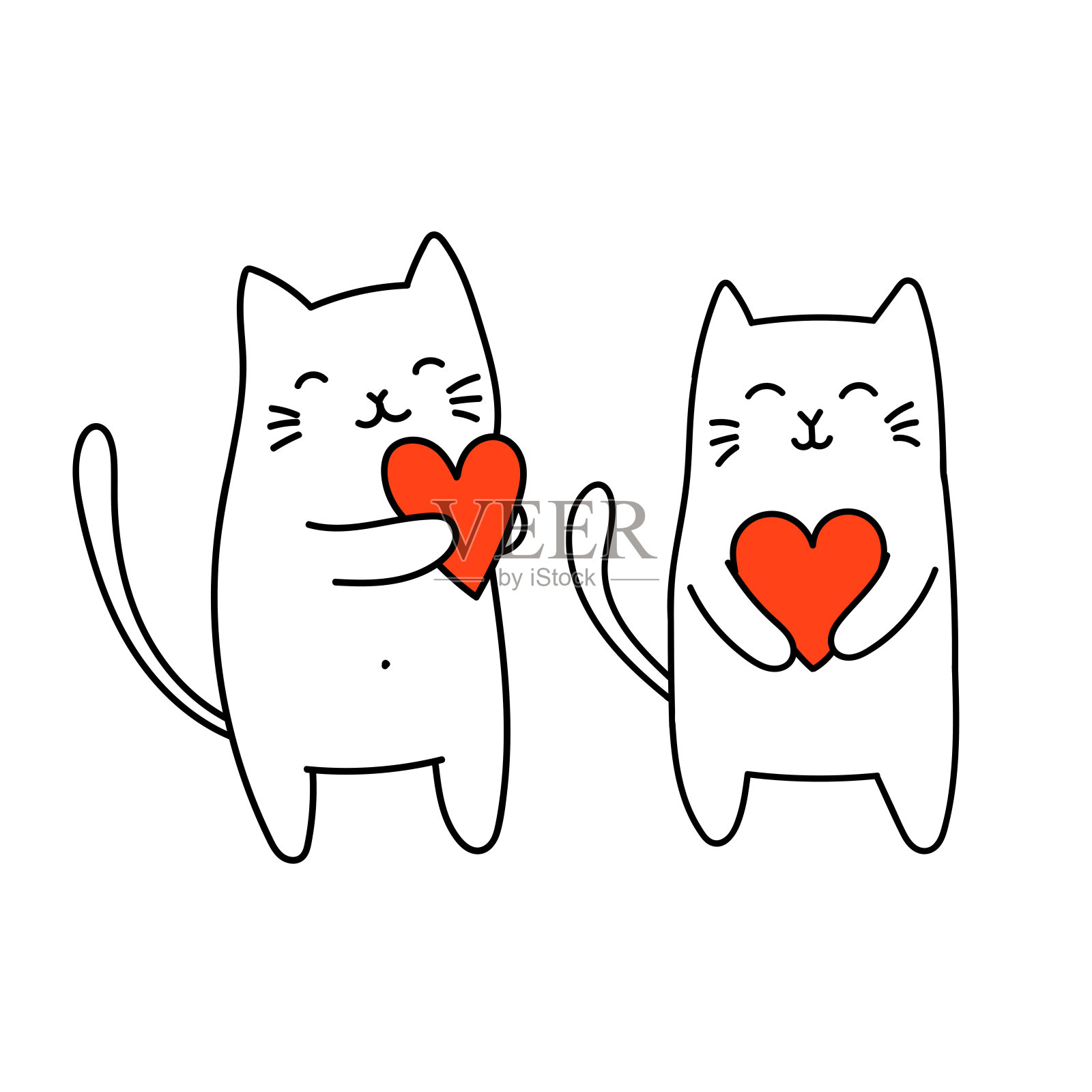 可爱的猫有心脏。矢量卡通涂鸦风格。可爱的动物。情人节卡片。插画图片素材