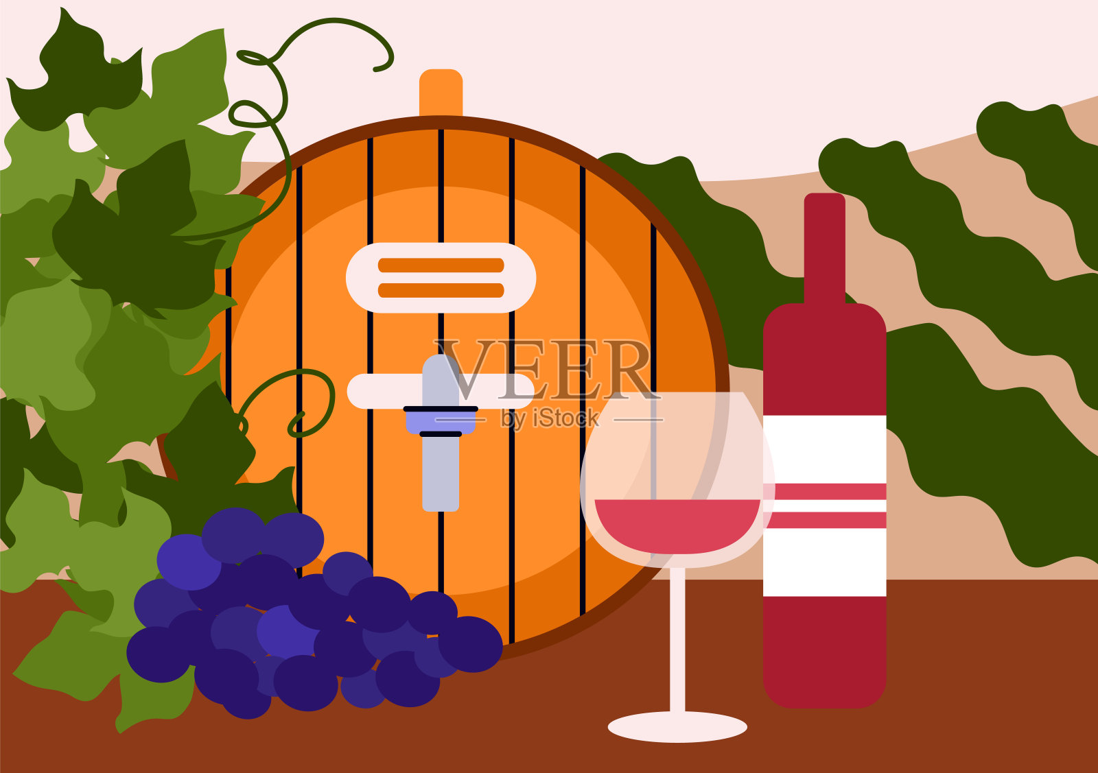 带有酒桶和酒瓶的横幅或海报，平面卡通矢量插图。插画图片素材