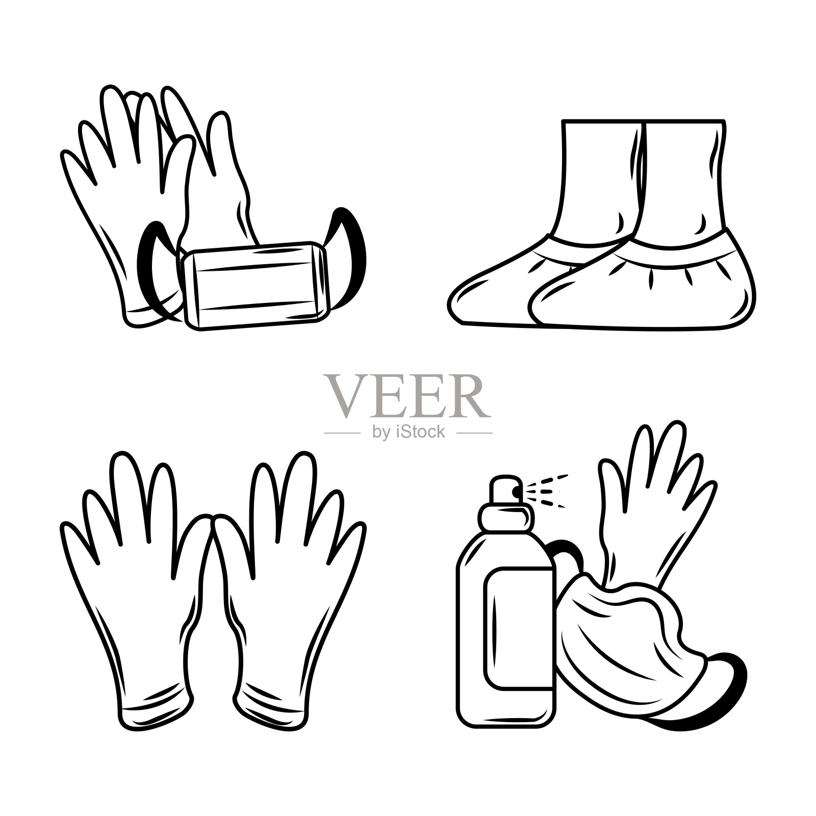 医用防护用品一次性包括手套、鞋、套、口罩等素描款式设计元素图片