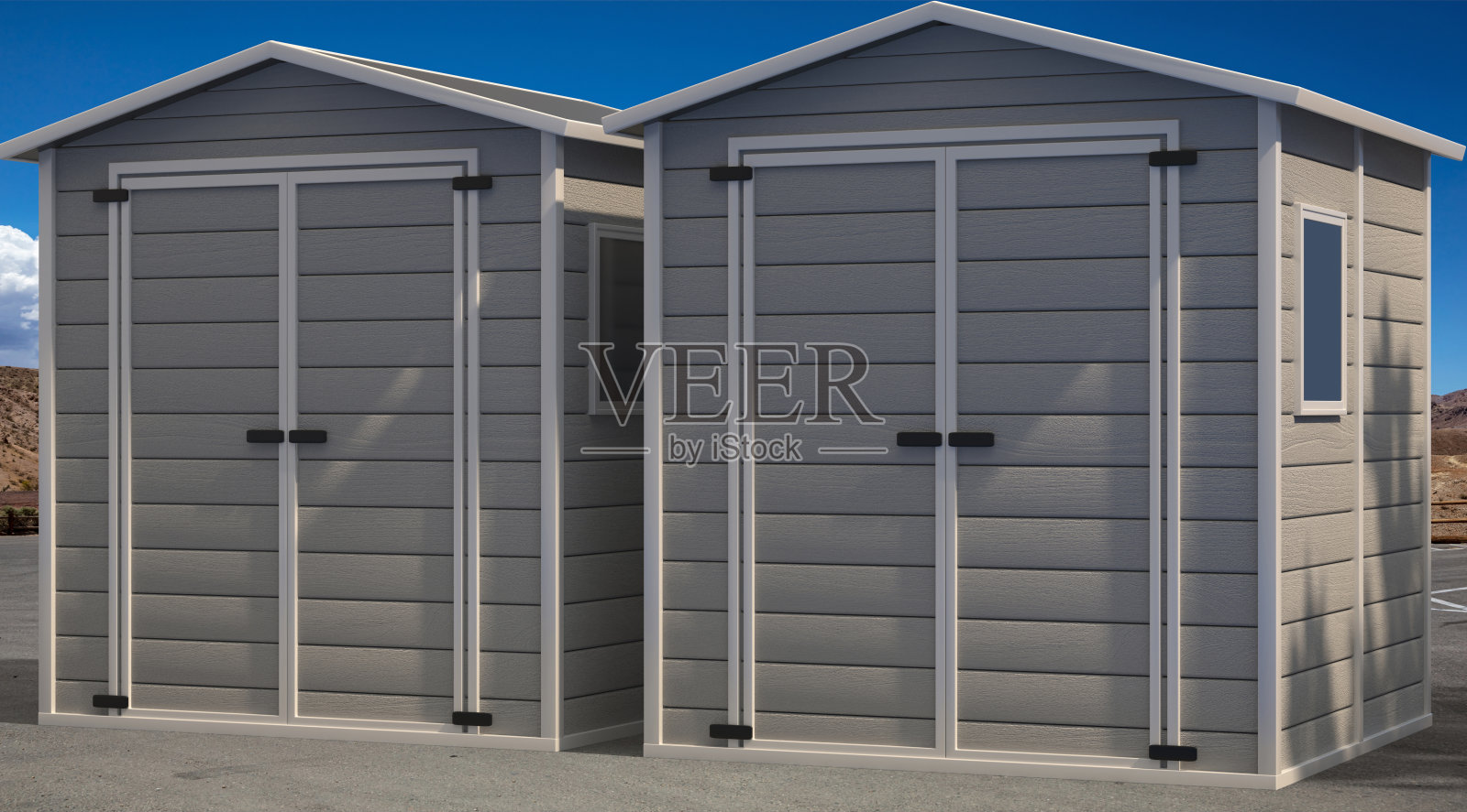 沥青路面和蓝天背景上的仓库。三维演示照片摄影图片