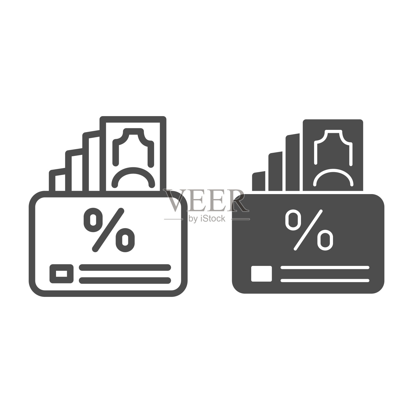 返现利息，银行卡和现金线和固体图标，购物概念，返现服务标志在白色的背景，返现服务图标在轮廓风格。矢量图形。图标素材