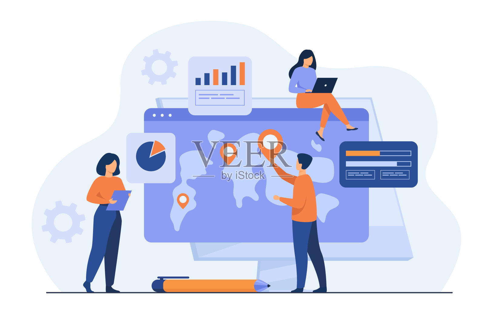 一组专业人士分析国际地图插画图片素材