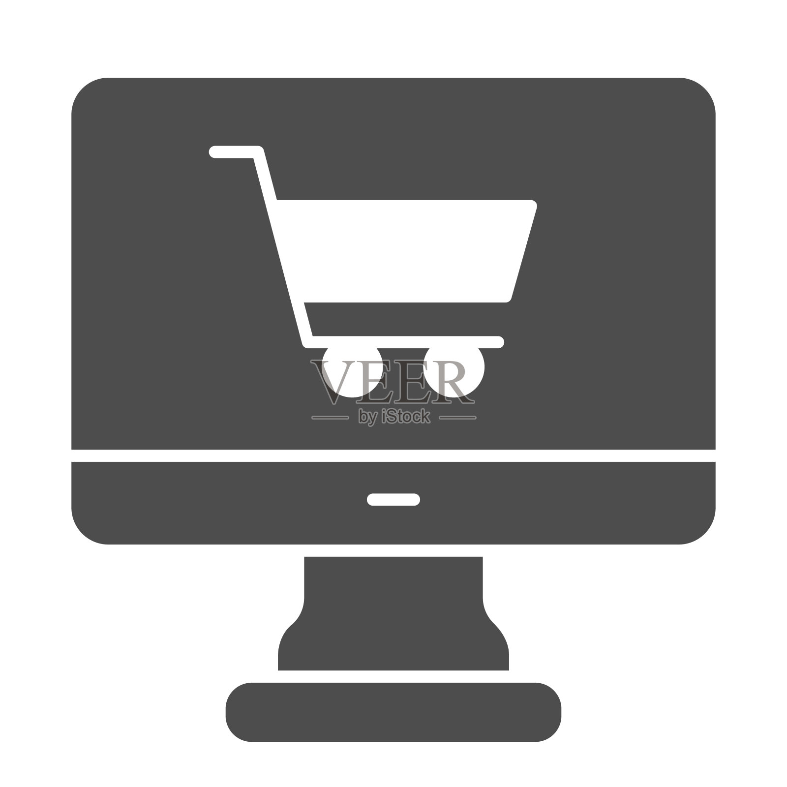 电脑显示器与购物车购物固体图标，购物概念，购物车购物与电脑标志在白色背景，应用程序为买家图标字形风格。矢量图形。设计元素图片