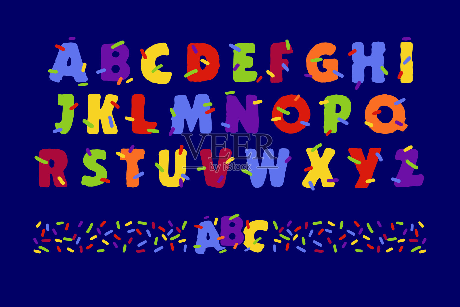 字母表。儿童字体插图与蓝色背景。彩色大写字母字母表。明亮的多色字母与轮廓。插画图片素材