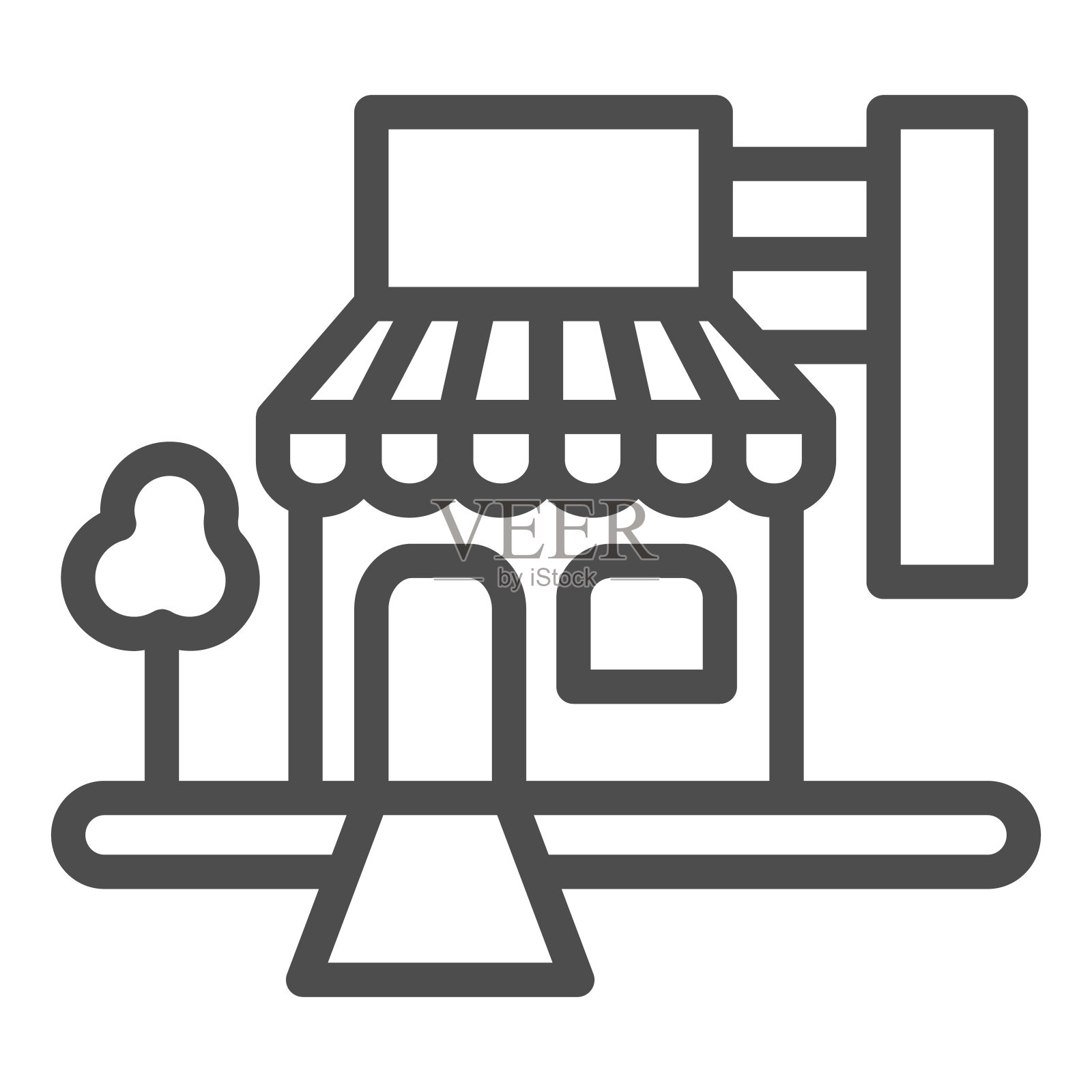 商店与招牌和树线图标，购物概念，在白色背景上的商店标志，商店图标轮廓风格的移动概念和网页设计。矢量图形。插画图片素材