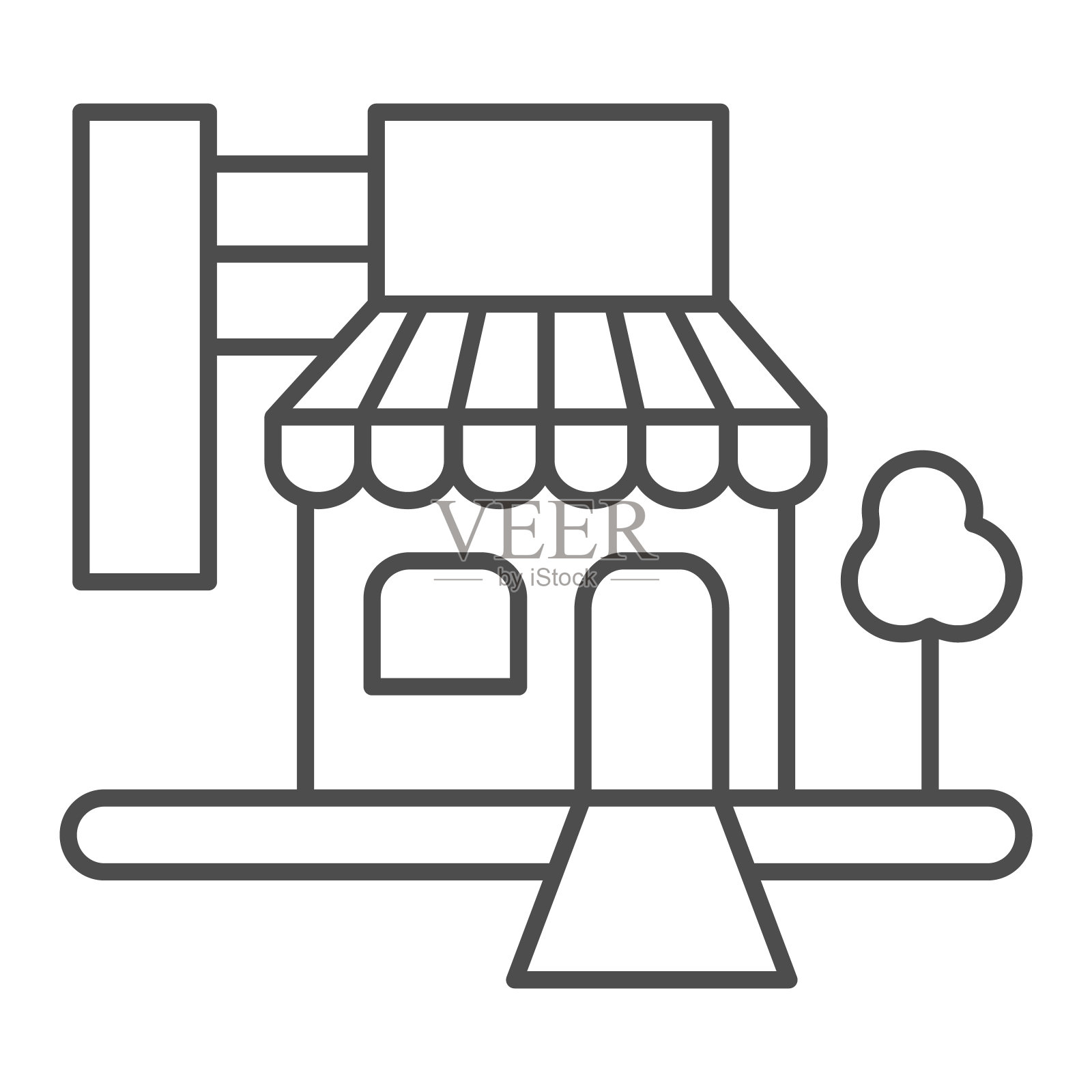 商店与招牌和树细线图标，购物概念，在白色背景上的商店标志，商店图标轮廓风格的移动概念和网页设计。矢量图形。插画图片素材