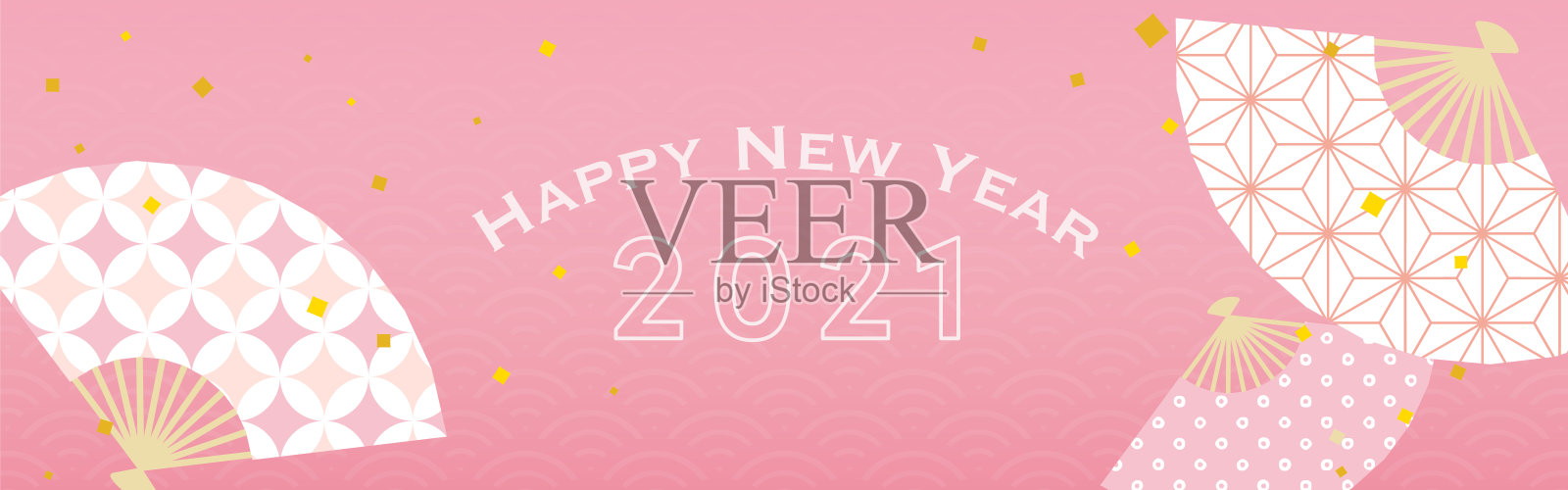 日本风格矢量背景与扇子和五彩纸屑新年横幅，卡片，传单，社交媒体壁纸等。插画图片素材