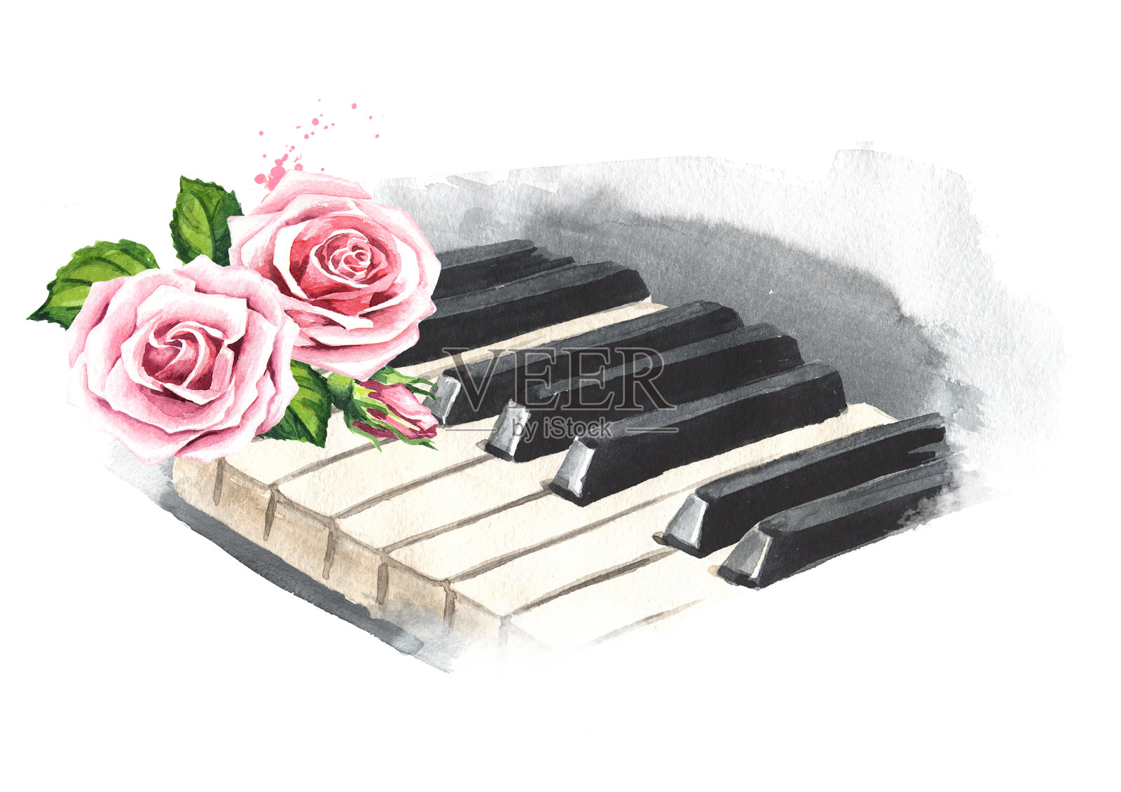 钢琴键。爱的概念旋律。手绘水彩插图孤立的白色背景设计元素图片