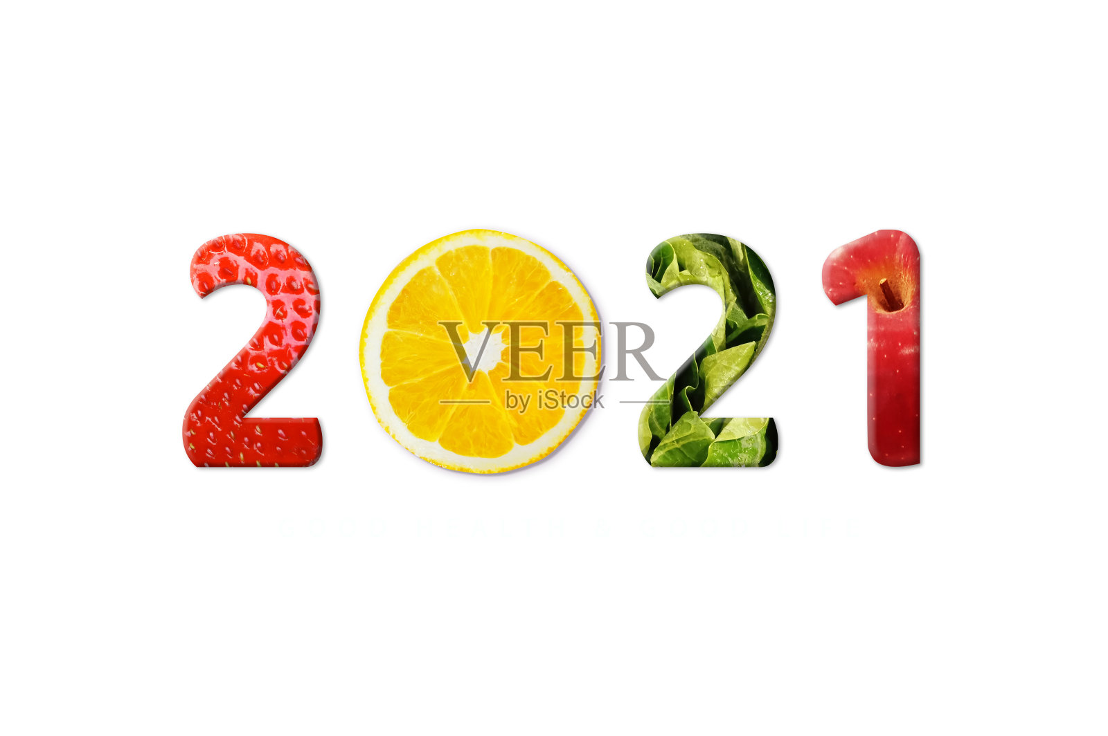 2021年，健康新年快乐。水果和蔬菜是2021年的数字。卫生保健的概念。照片摄影图片
