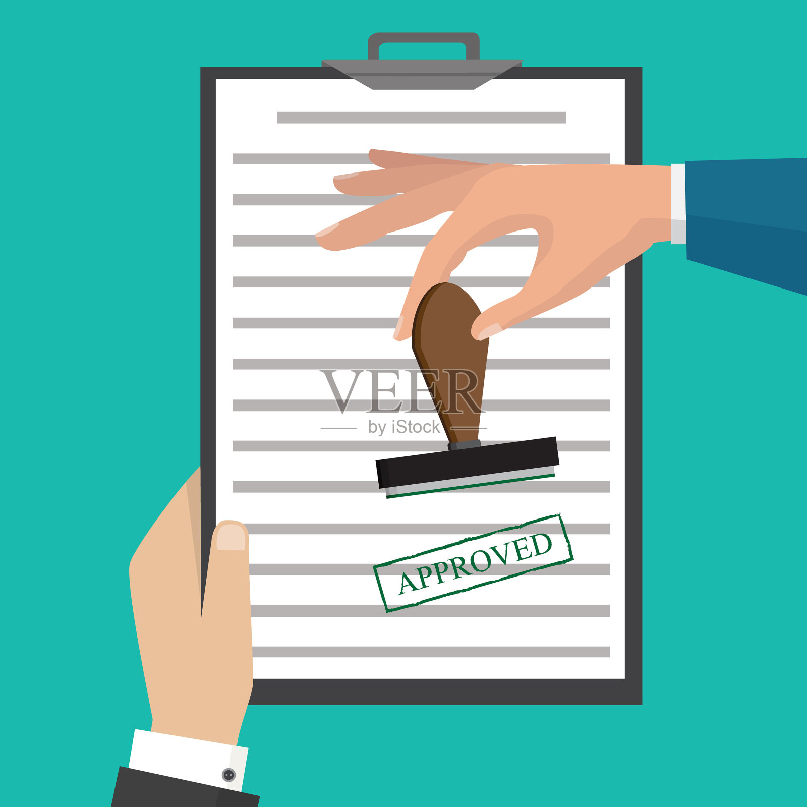 扁平认可纸张文件，绿色认可印章插画图片素材