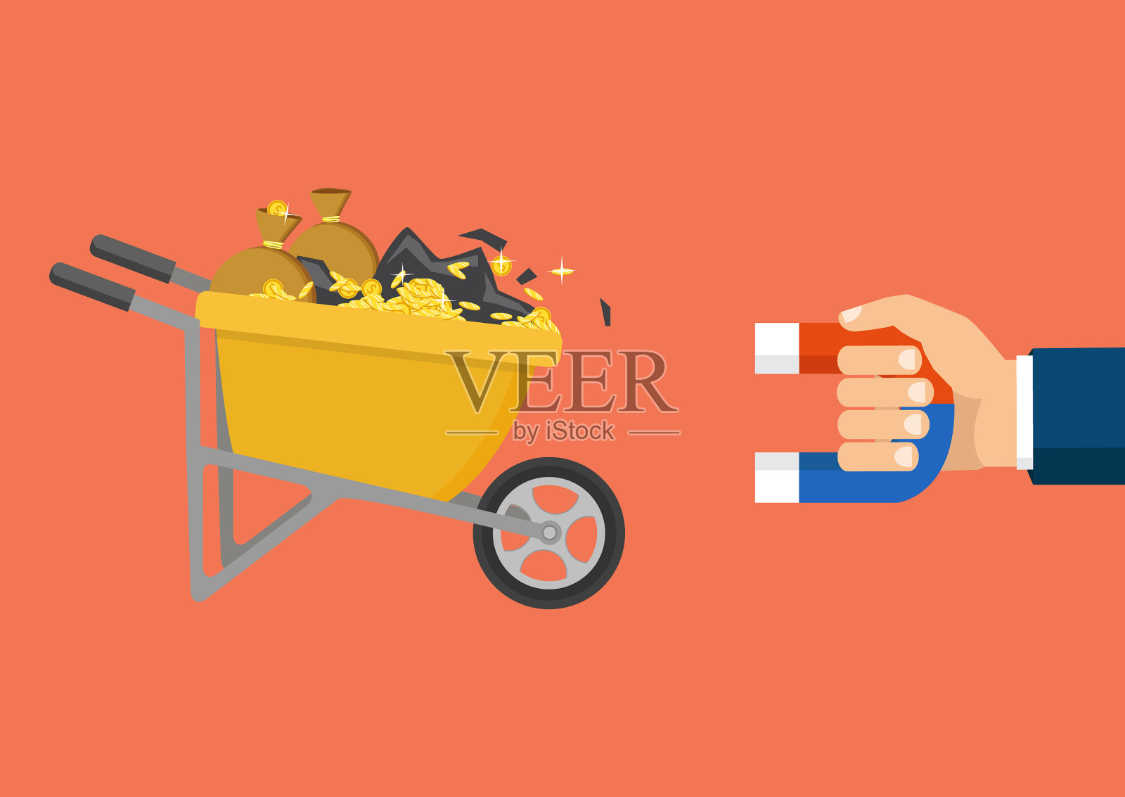 手推车装满硬币和土壤卡通扁插画图片素材