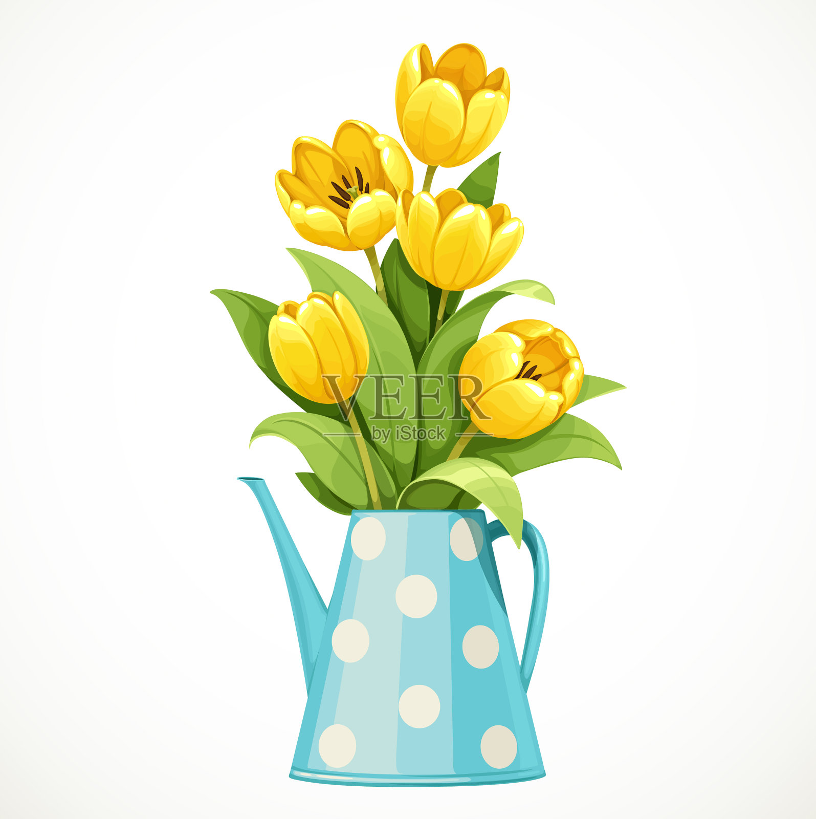 一束黄色的郁金香在一个高高的蓝色圆点插画图片素材