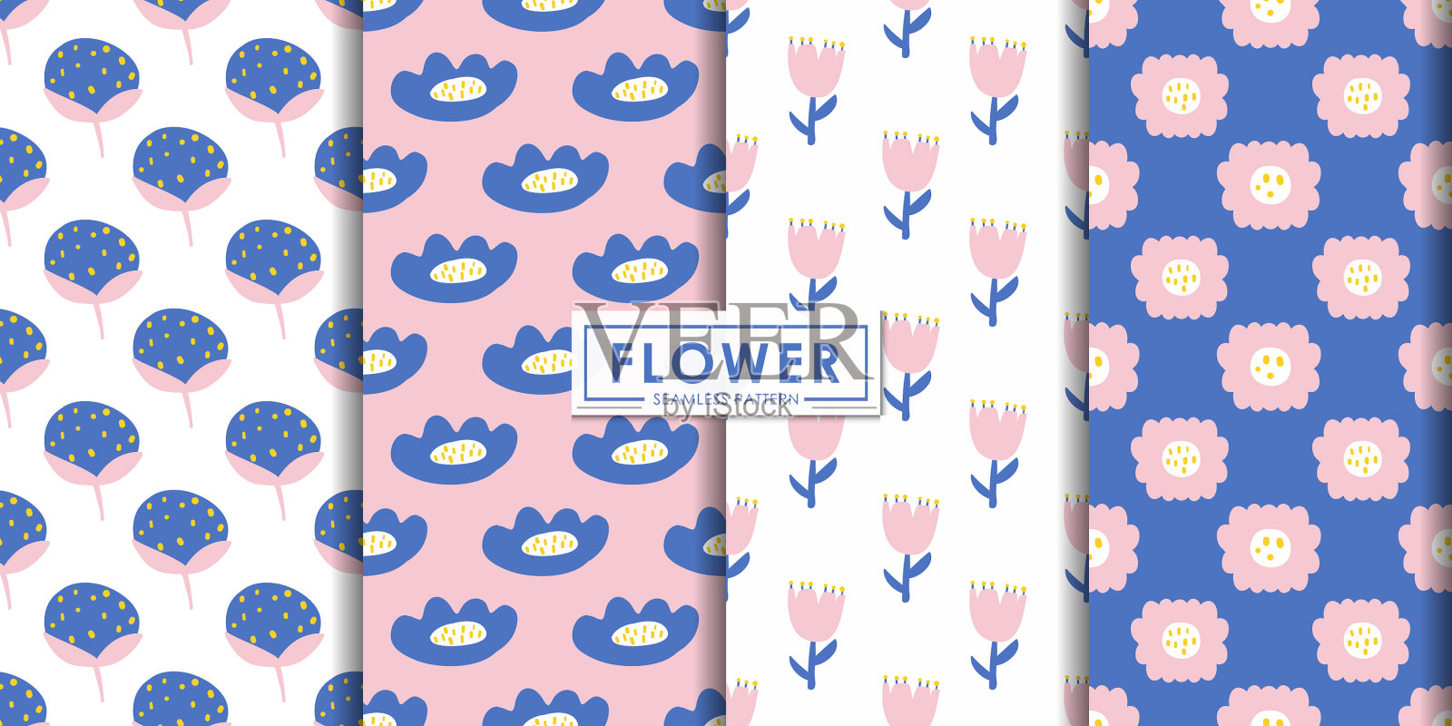 平面风格抽象花卉无缝模式设置插画图片素材