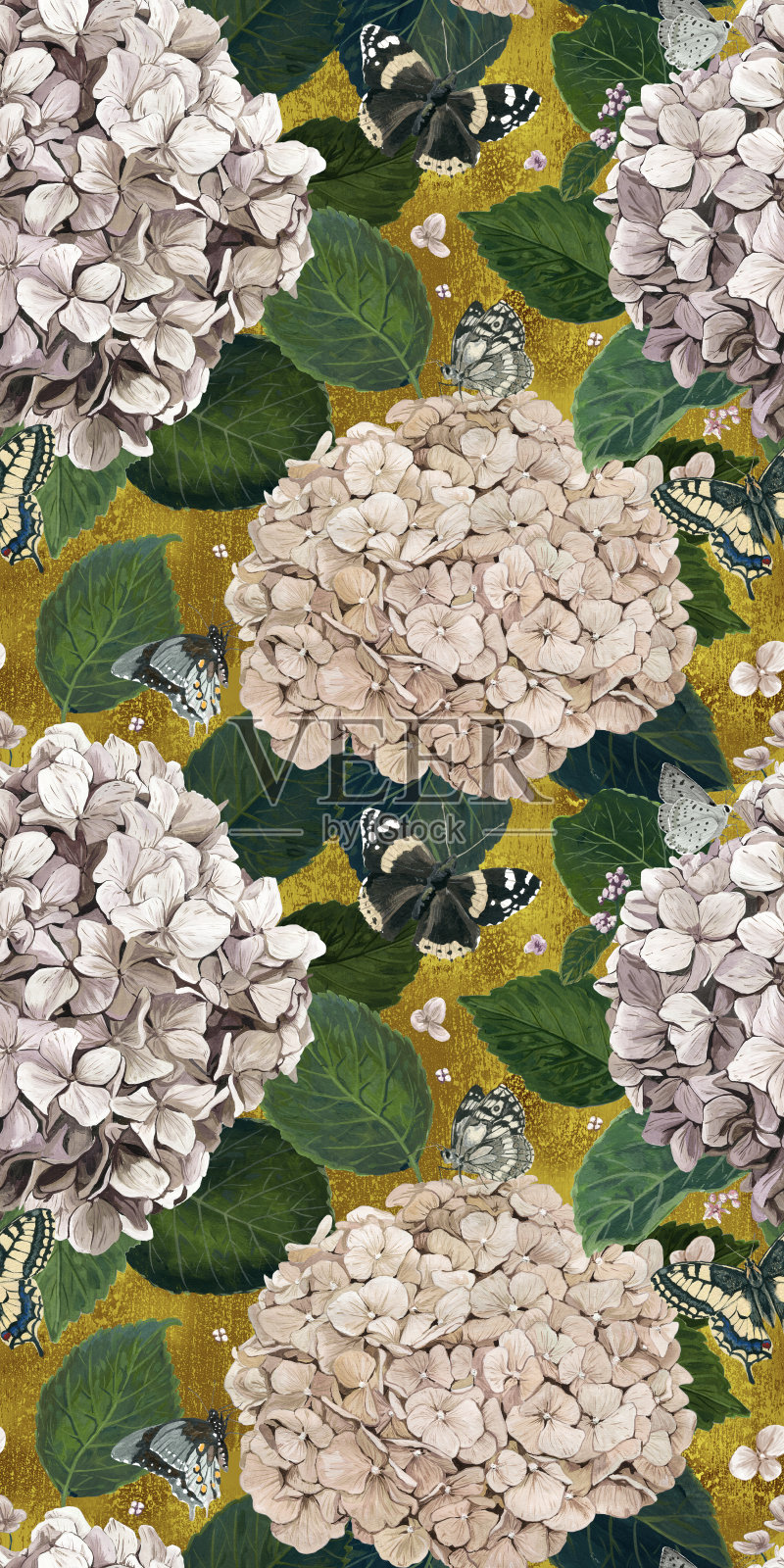 无缝图案绣球与蝴蝶在一个金色的背景。水粉手绘。插画图片素材