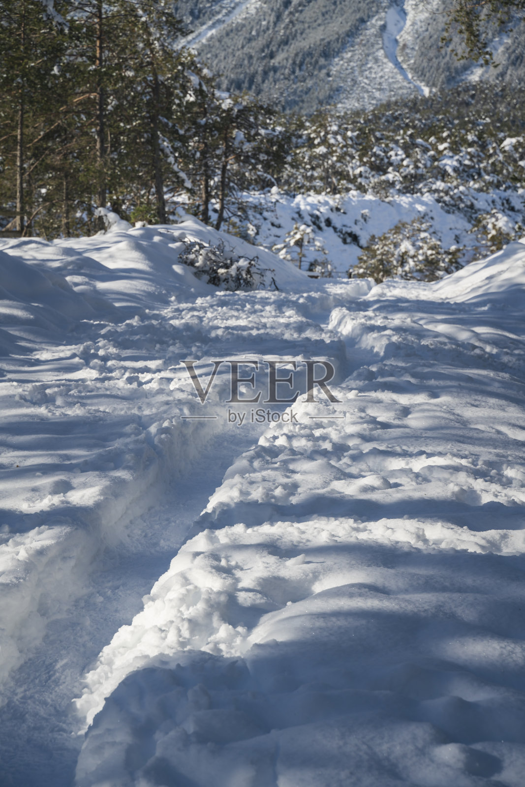 在奥地利蒂罗尔的米明，冬季徒步穿过阿尔卑斯山的厚厚的积雪照片摄影图片