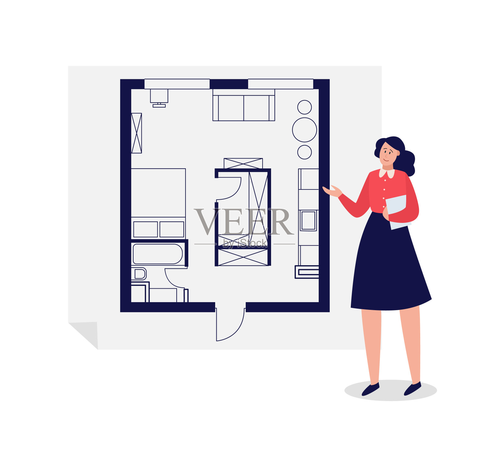室内设计师指着平面图设计-卡通女人插画图片素材