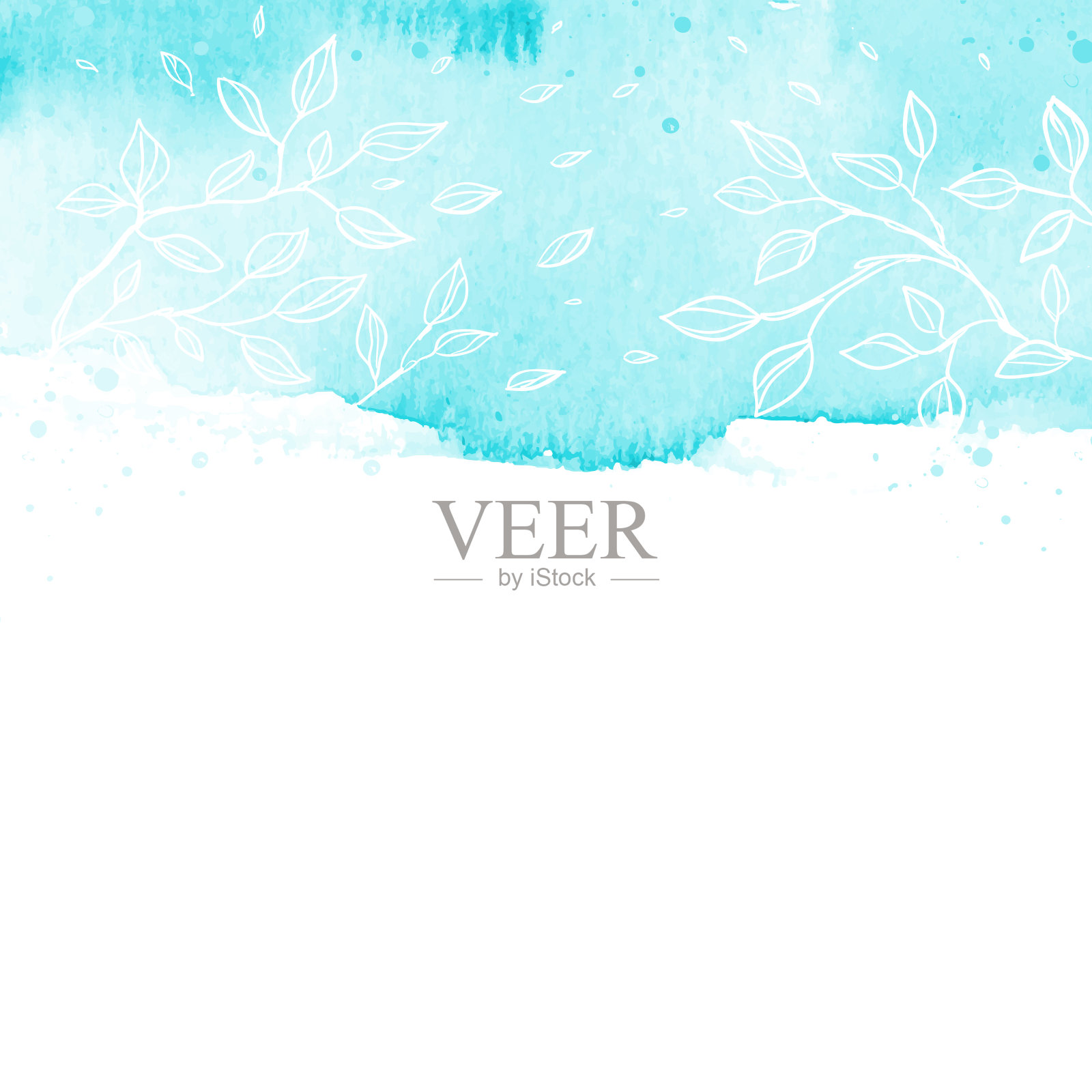 春季抽象水彩矢量设计为您的文本。蓝色矢量水彩模板与树叶，树枝和天空。背景卡插画图片素材