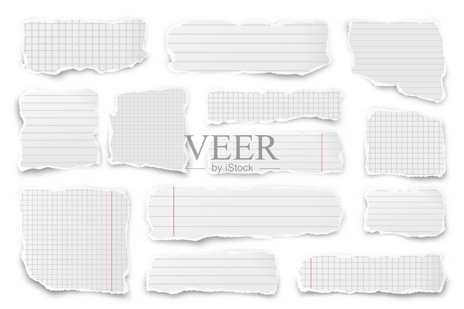 撕破的纸条。逼真的皱巴巴的纸屑与撕裂的边缘。笔记本页的划线碎片。矢量图插画图片素材