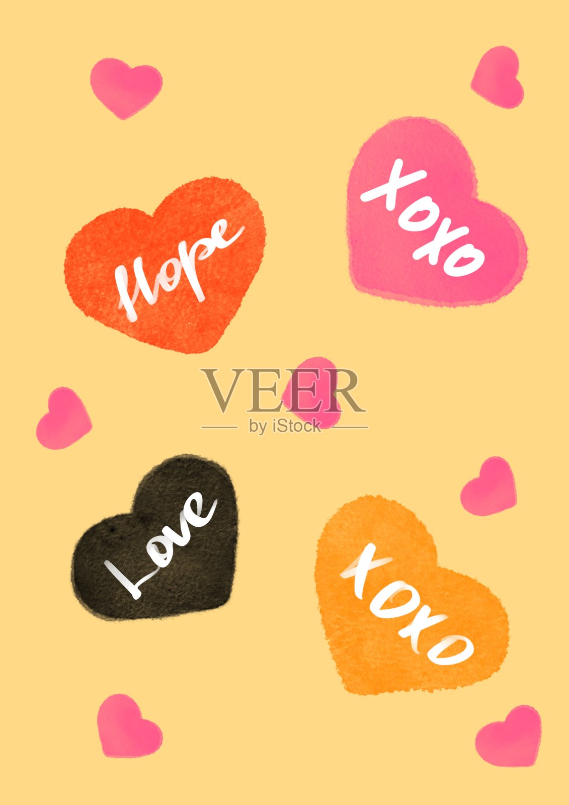 心形在不同颜色的黄色背景上。情人节。插画图片素材