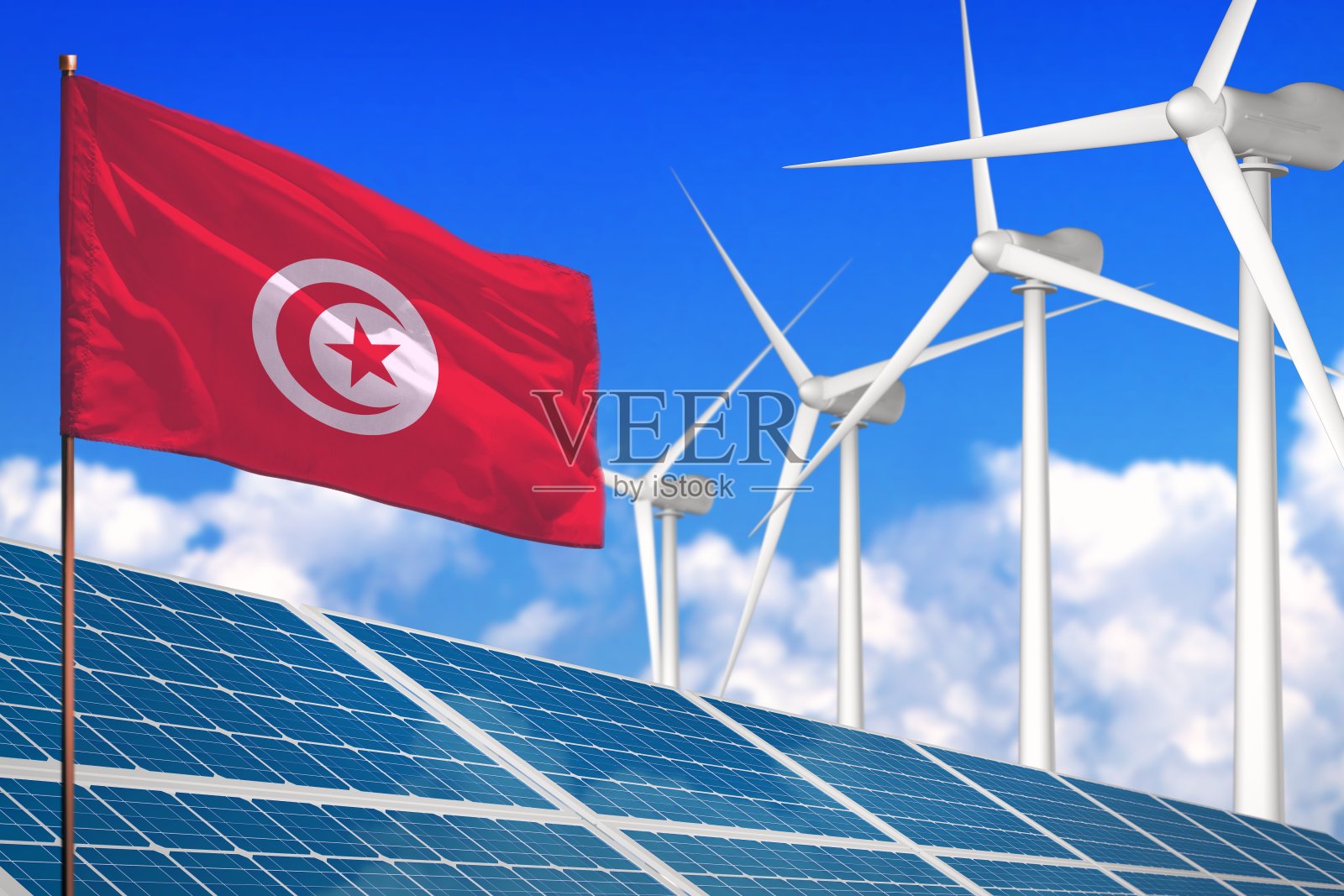 突尼斯太阳能和风能，可再生能源概念与太阳能电池板-可再生能源对抗全球变暖-工业插图，3D插图照片摄影图片