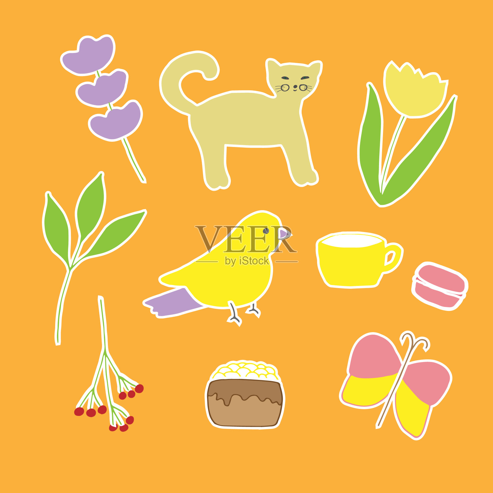 一套可爱的涂鸦贴纸，矢量插图，薰衣草小枝，猫，郁金香，浆果树枝，杯子，蛋糕，马卡龙，绿叶树枝，鸟和蝴蝶，手绘，彩色插画图片素材
