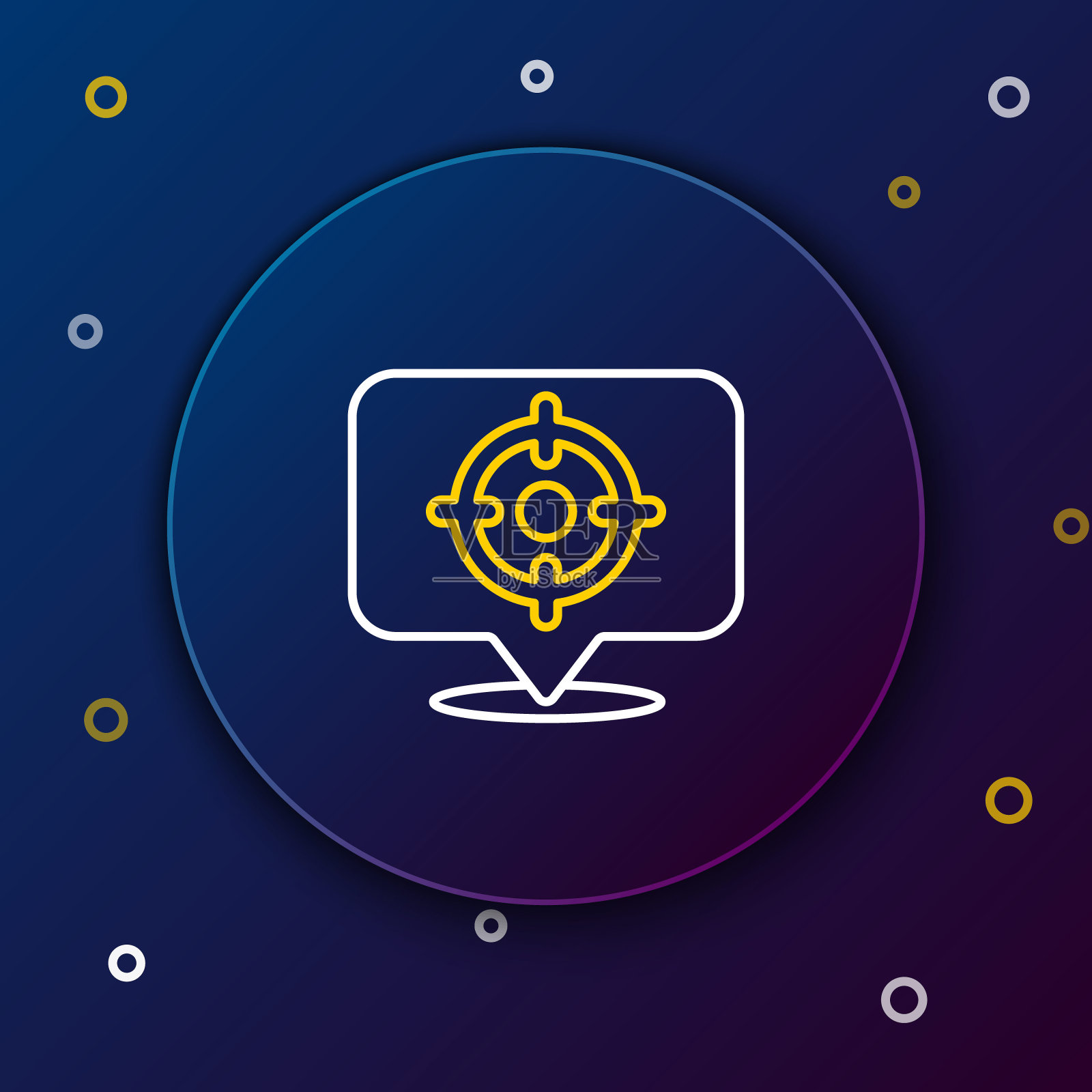 线目标运动图标孤立在蓝色背景。射击靶场或射击的清晰目标。色彩斑斓的轮廓的概念。向量图标素材