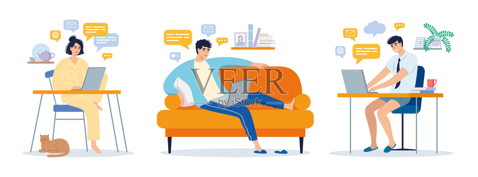 让自由职业的女人和男人工作插画图片素材