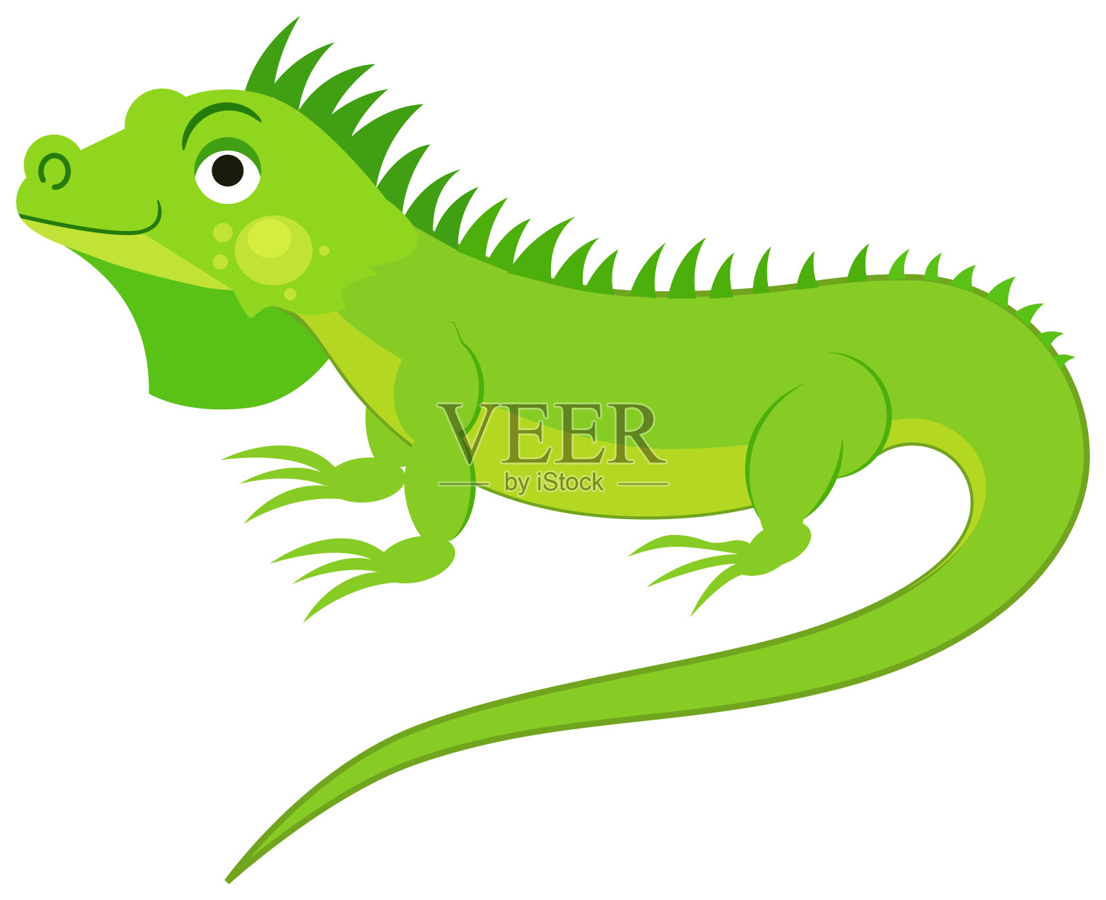 可爱的绿色鬣蜥孤立在白色的背景。平坦的插图。设计元素图片