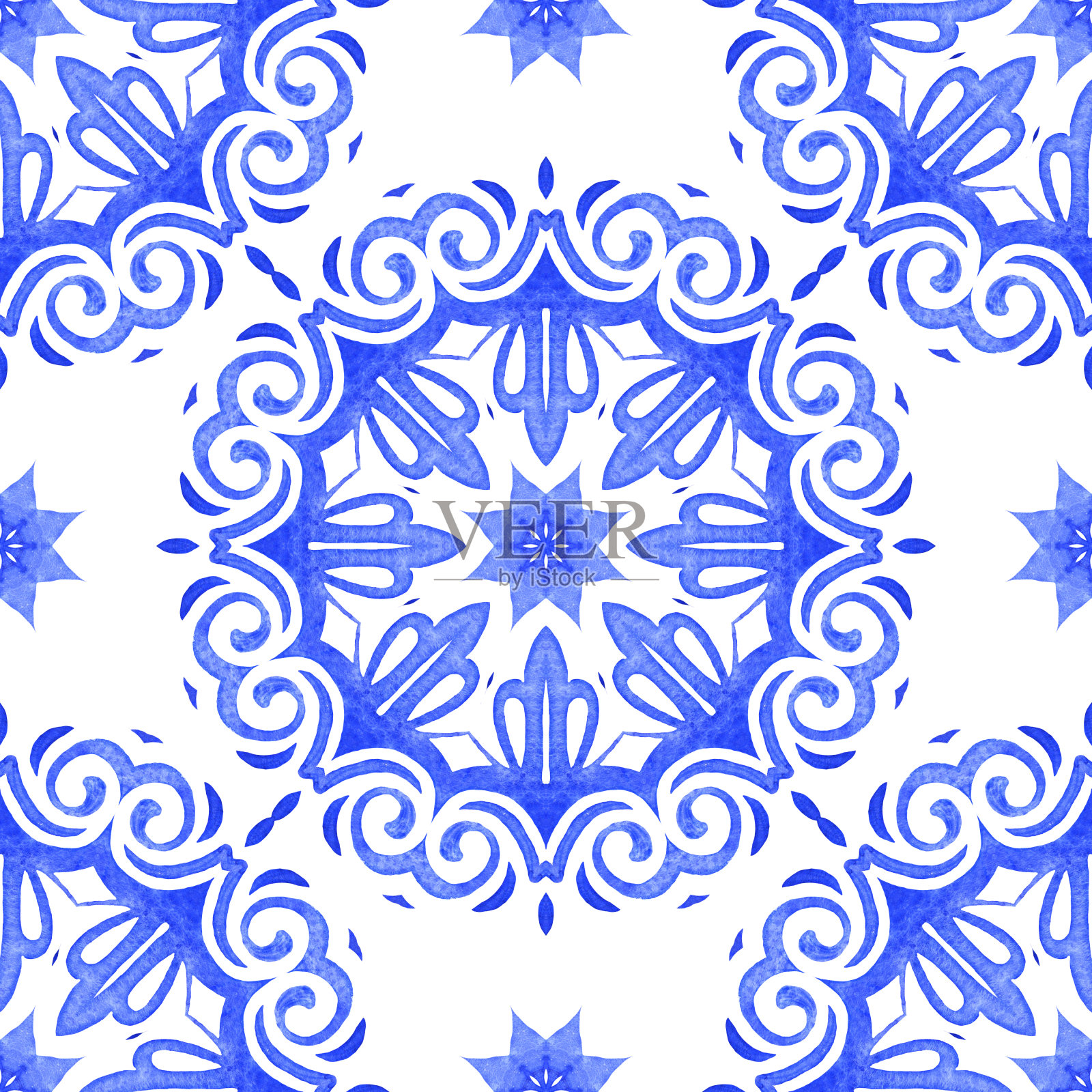 蓝色无缝观赏性水彩瓷砖图案手绘图形插画图片素材