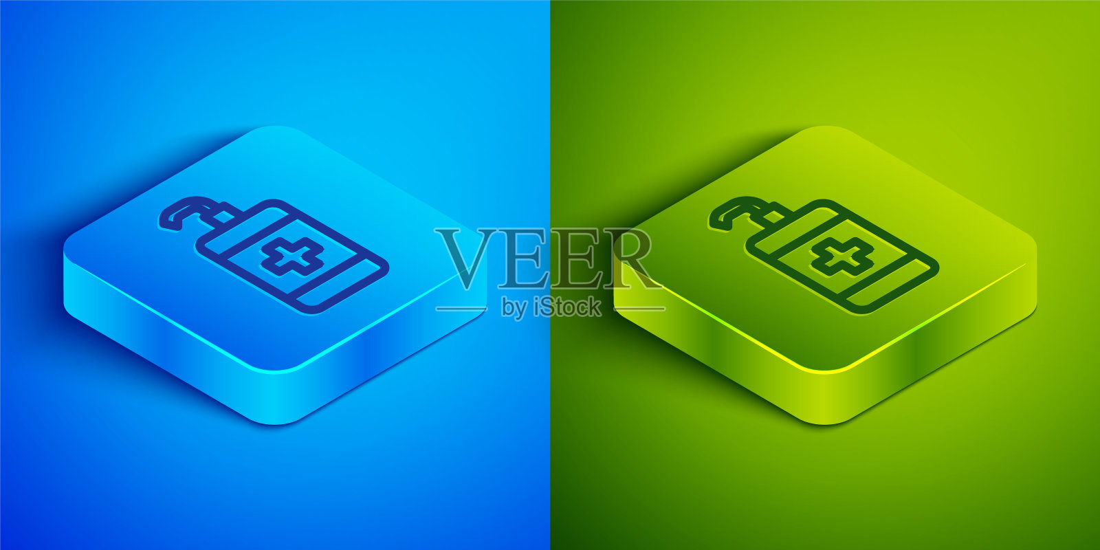 等距线洗手液瓶图标隔离在蓝色和绿色背景。消毒的概念。洗凝胶。卫生用的酒瓶。方形按钮。向量图标素材