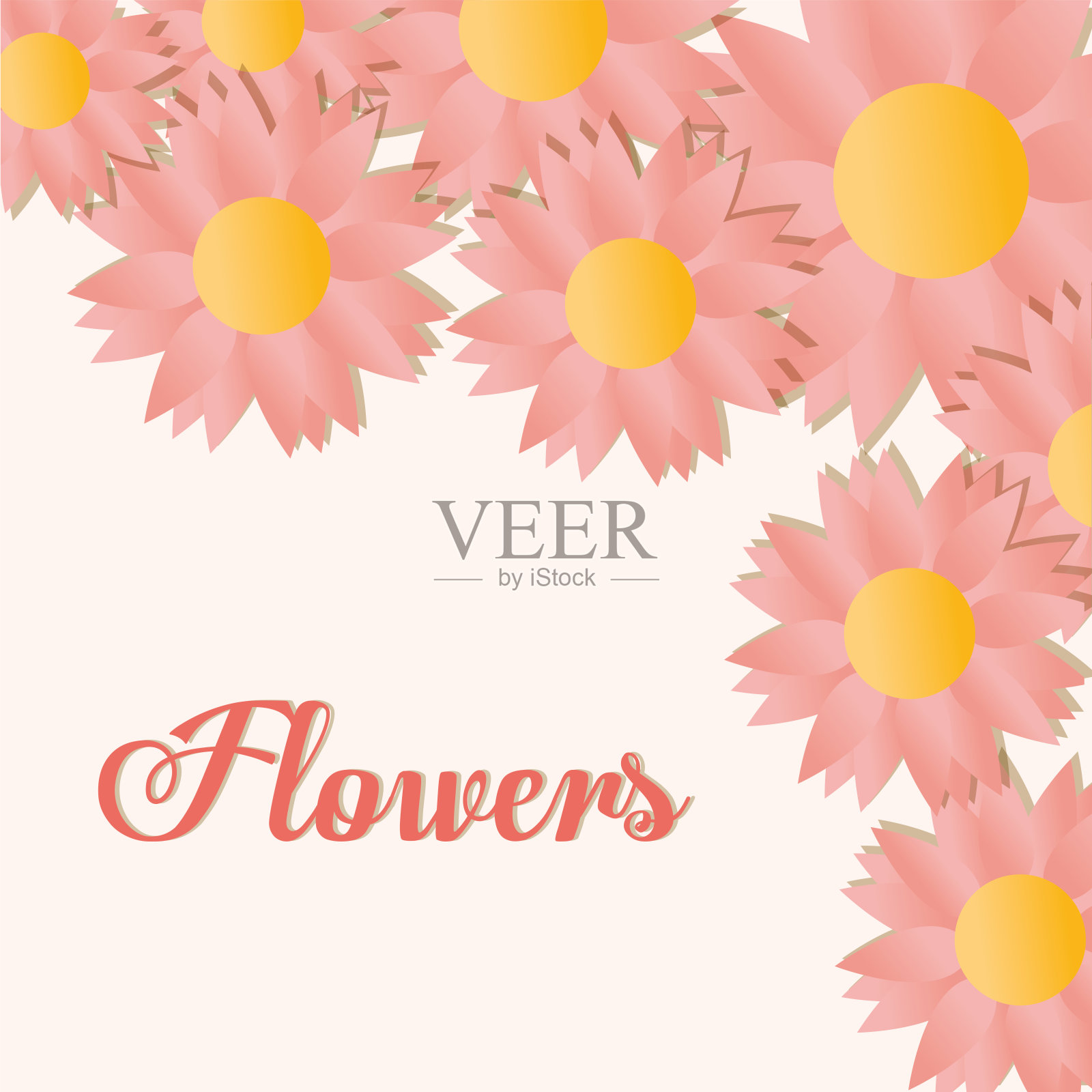 花刻字与一套向日葵与浅粉色的颜色插画图片素材