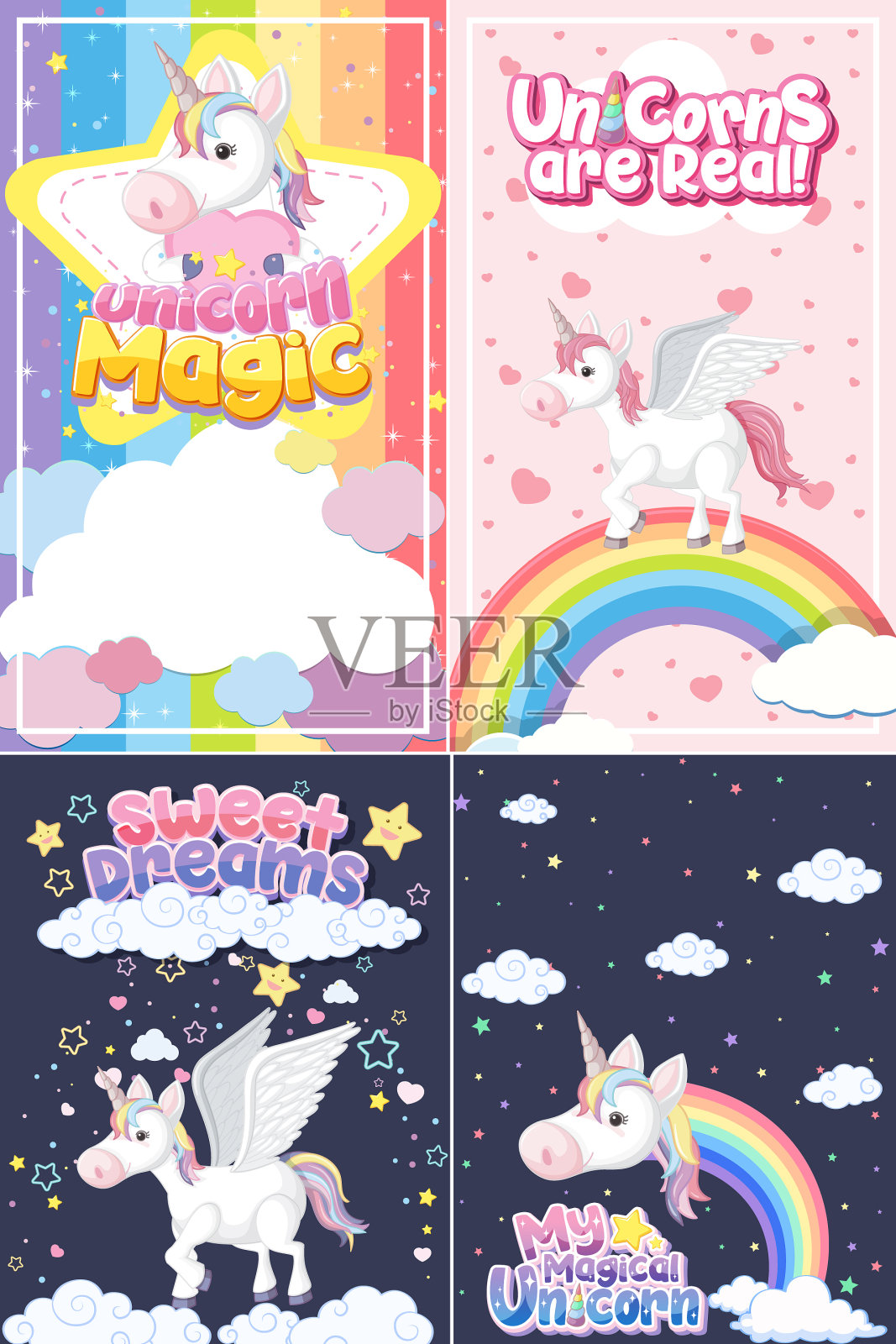 可爱的独角兽旗帜在柔和的背景颜色插画图片素材