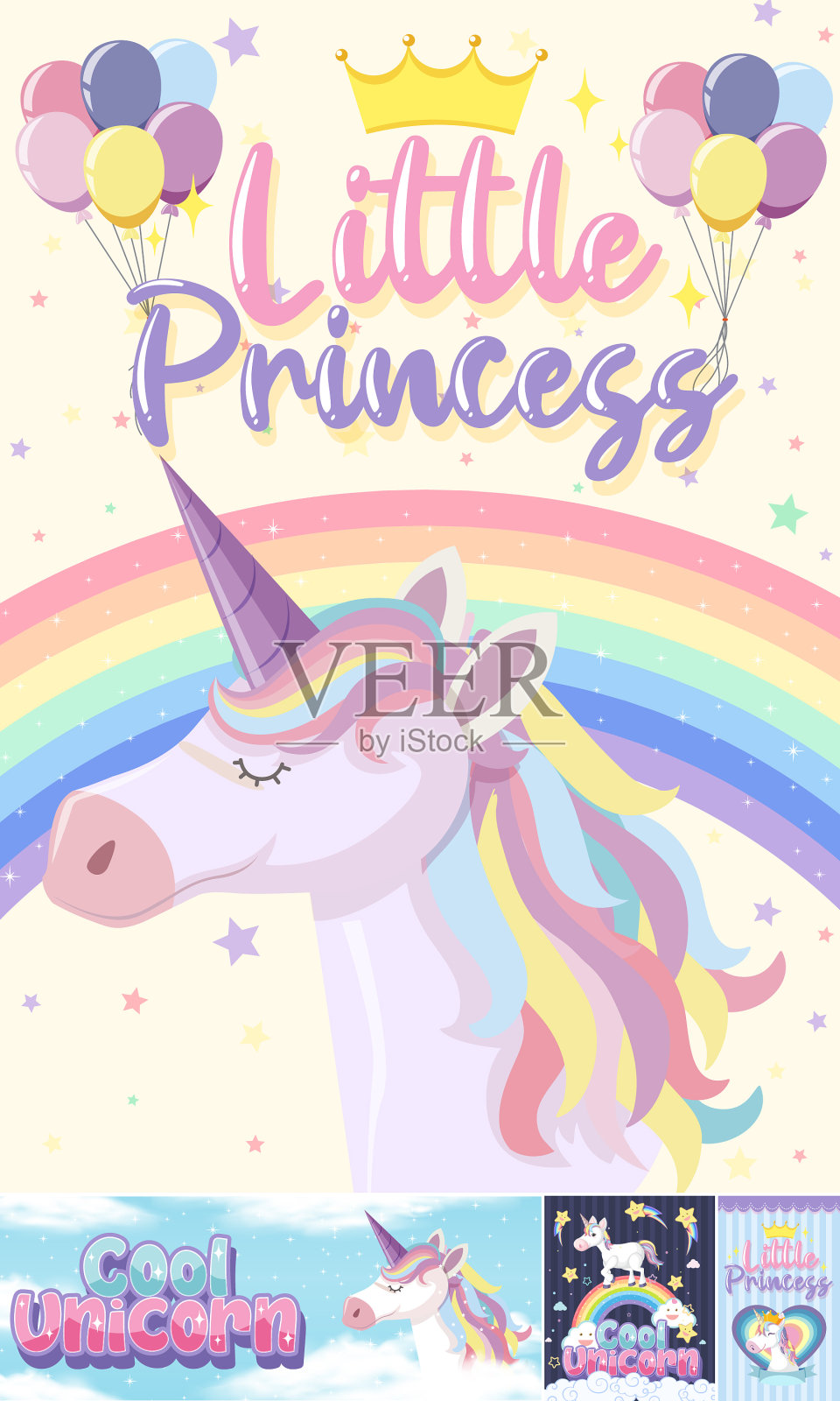 可爱的独角兽旗帜在柔和的背景颜色插画图片素材