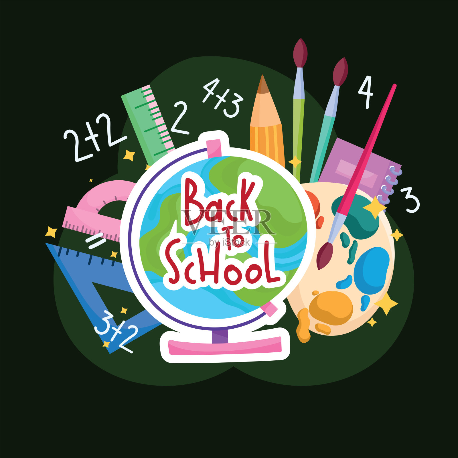 回到学校地球地图水彩调色板书刷铅笔插画图片素材