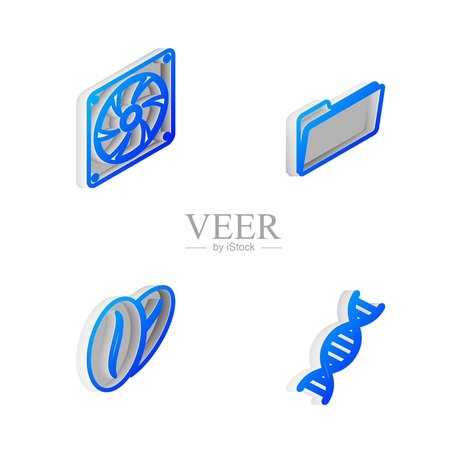 设置等距线文件夹，电脑冷却器，咖啡豆和DNA符号图标。向量图标素材