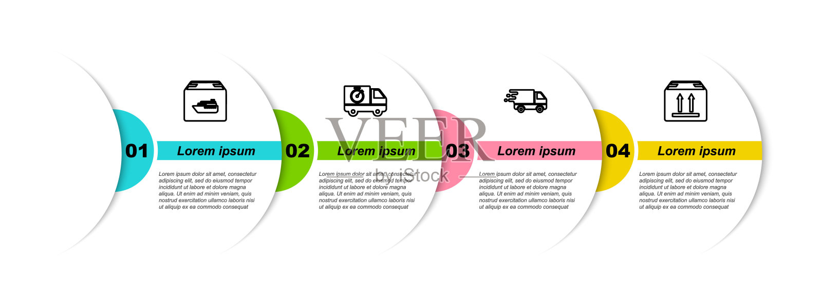 设置线货船与箱子，交付卡车和秒表，在移动和纸板交通。业务信息模板。向量设计模板素材