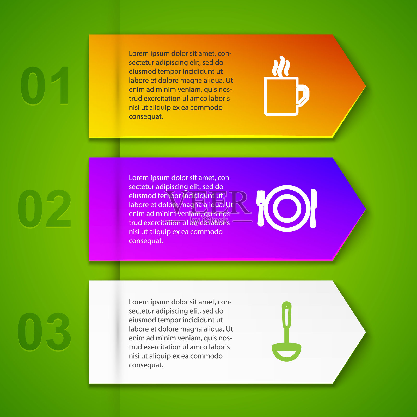 摆放咖啡杯、餐盘、刀叉、勺和搅拌器。业务信息模板。向量设计模板素材