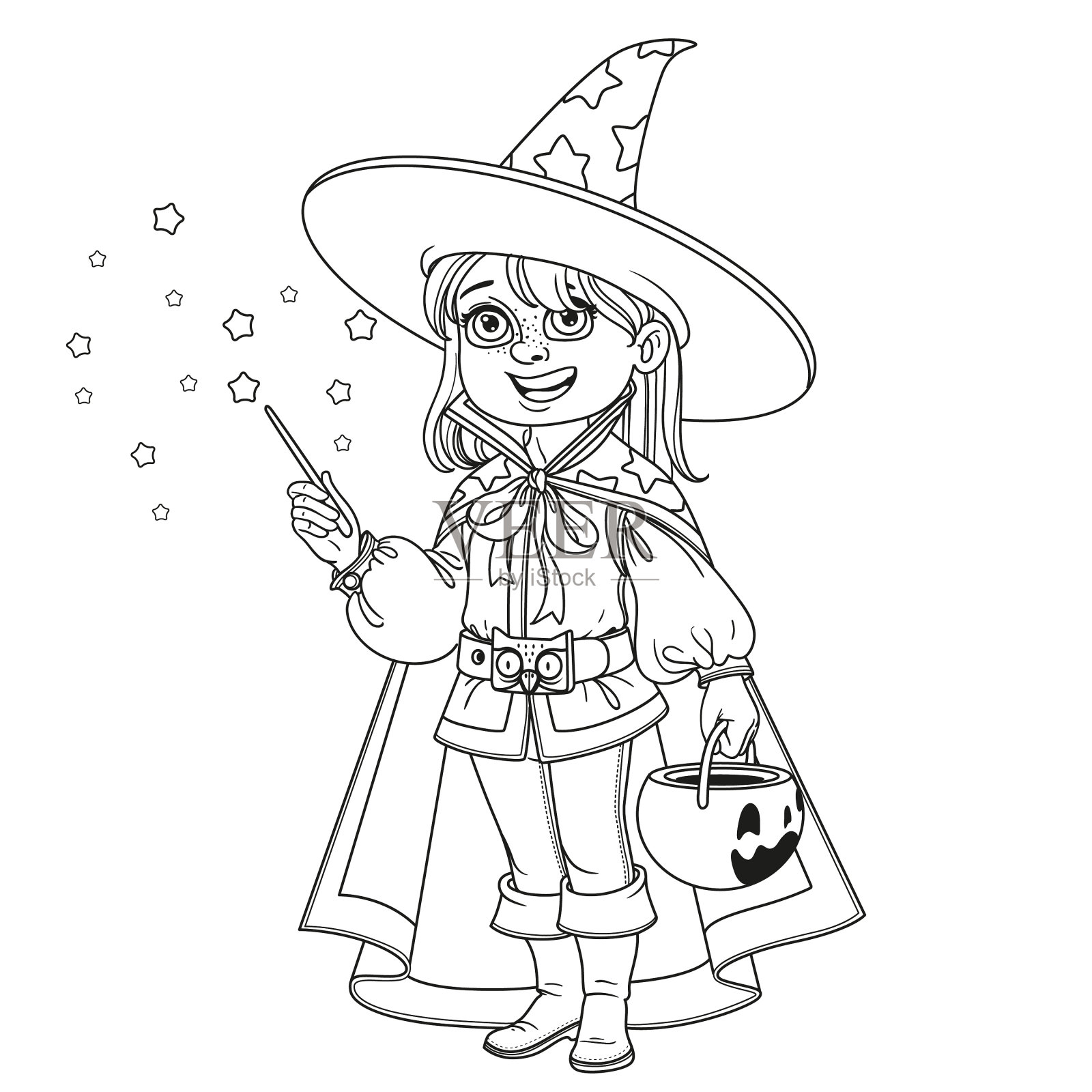 穿着魔术师服装，背着南瓜袋的可爱男孩插画图片素材