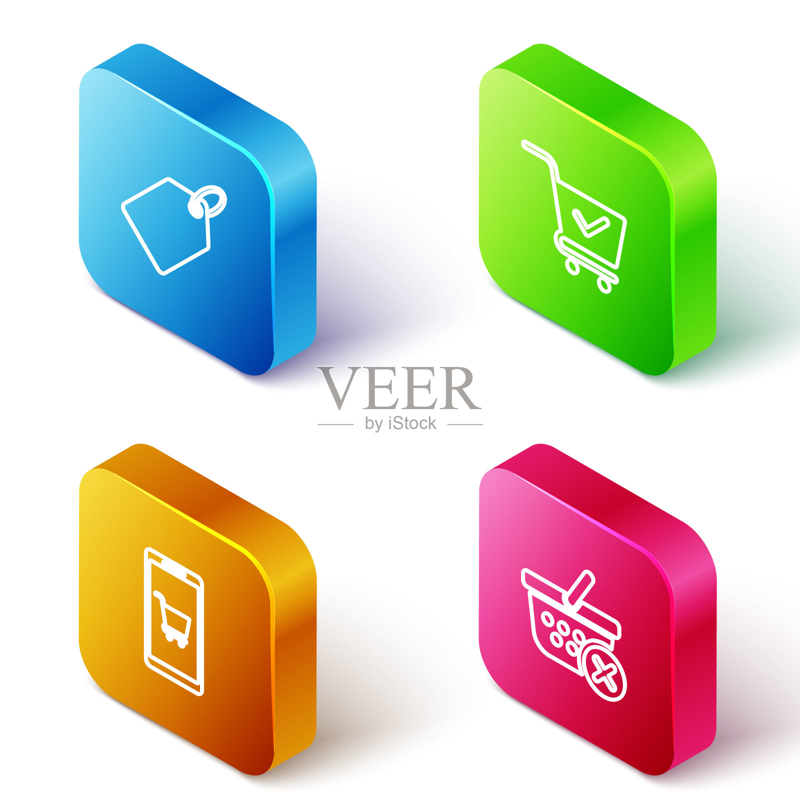 设置等距线标签模板价格标签，购物车与检查标记，移动和购物和删除篮子图标。向量图标素材